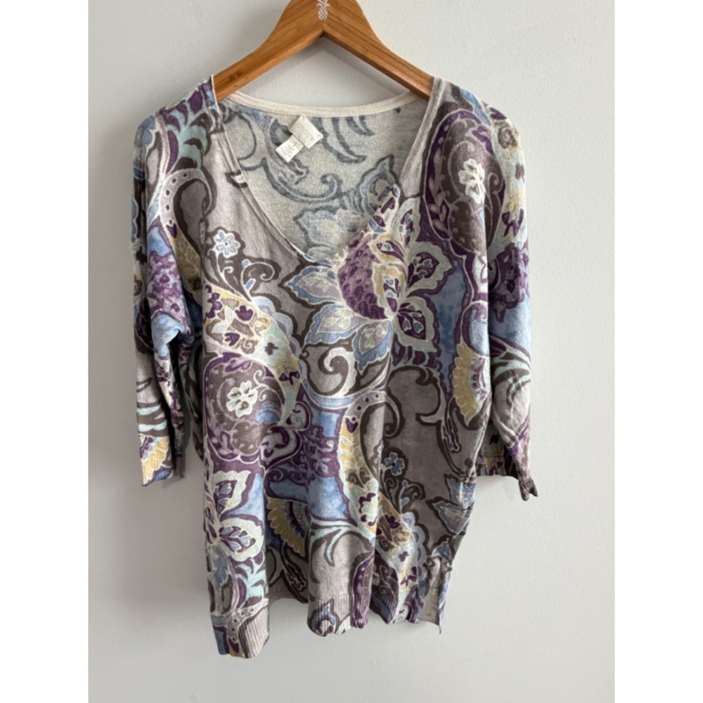 Chico's V-Neck Sweater Purple Blue Paisley Cotton Blend Boho Feminine Top 1
